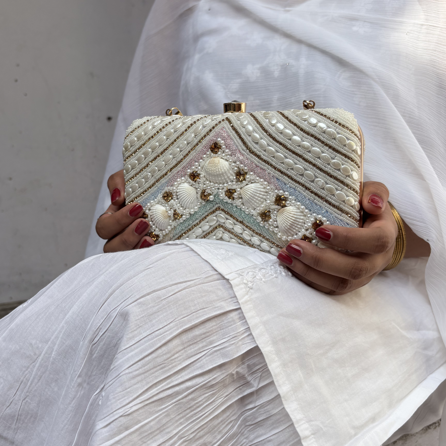 Embroidered Seashell Clutch