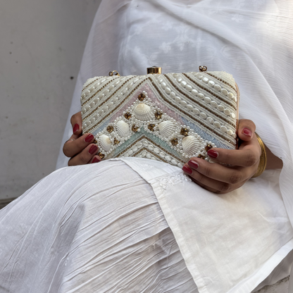 Embroidered Seashell Clutch