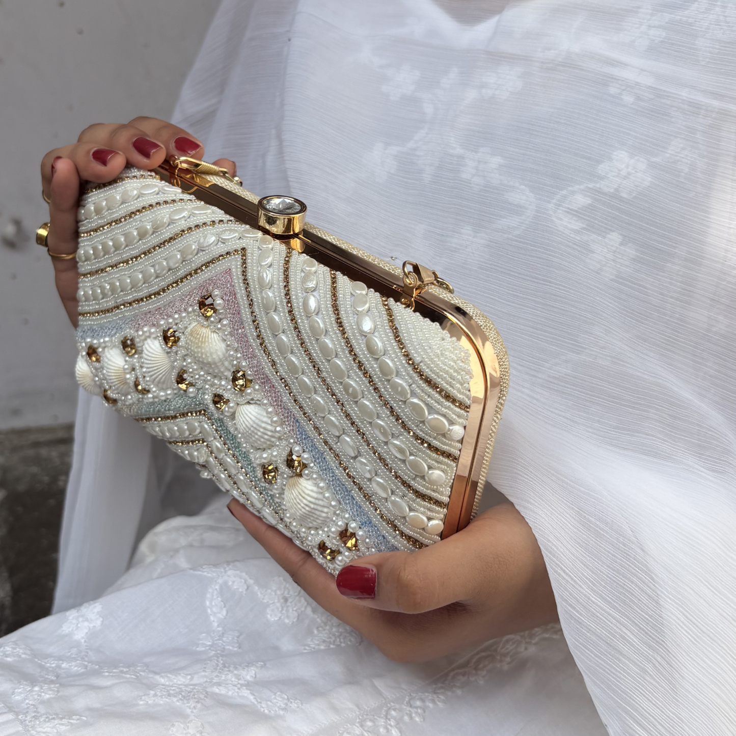 Embroidered Seashell Clutch